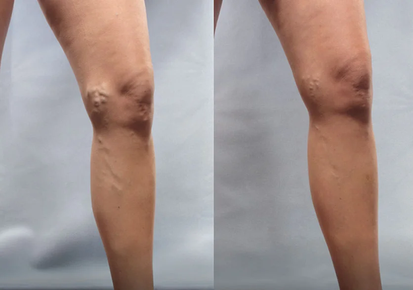 Before and after Varithena treatment showing reduced varicose veins on the legs
