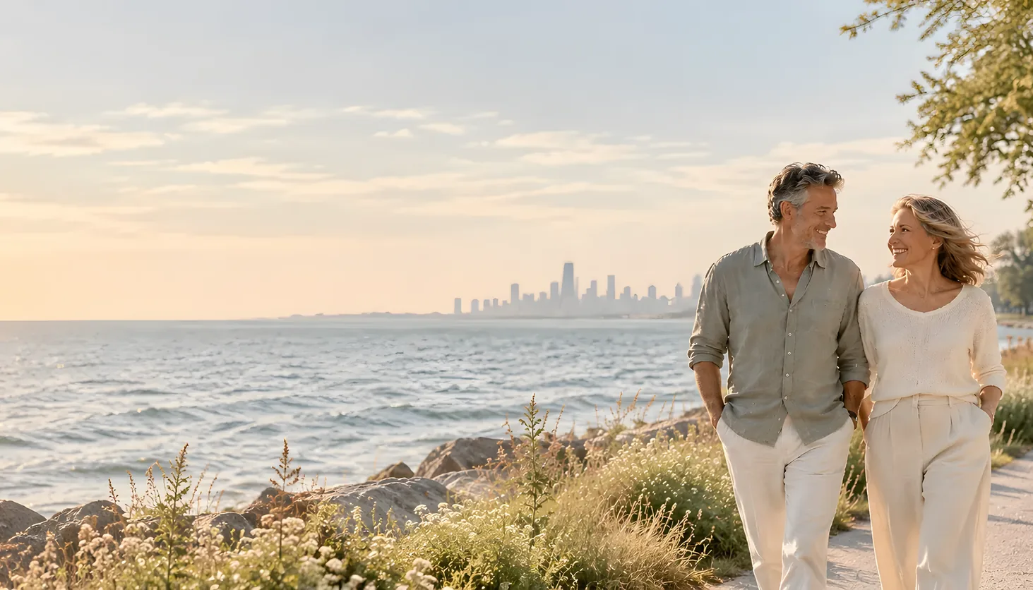 A smiling couple walking arm in arm on a lakefront path at golden hour, with the Chicago skyline in the distance