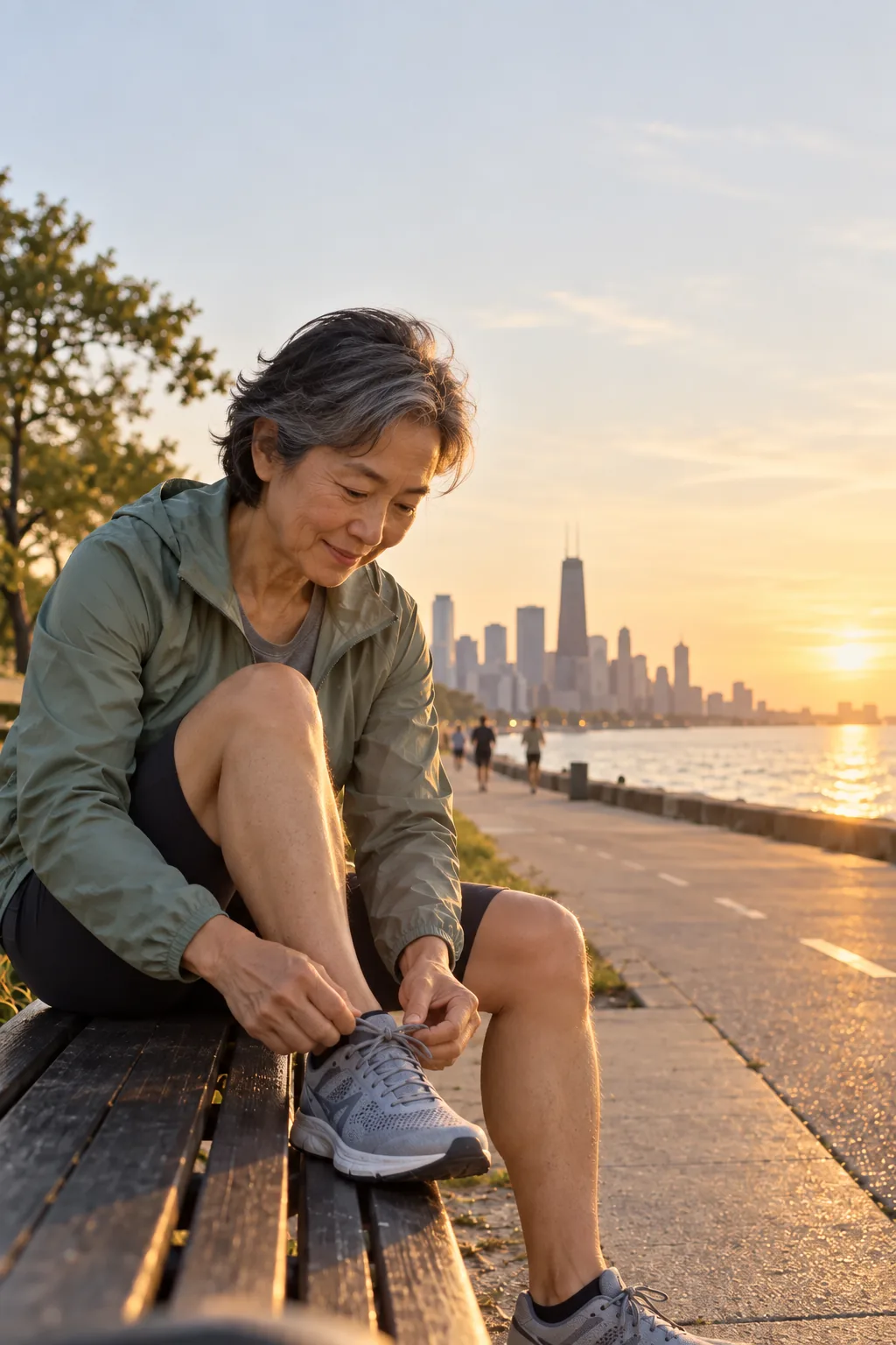 A woman lacing her running shoes on a bench by the lake