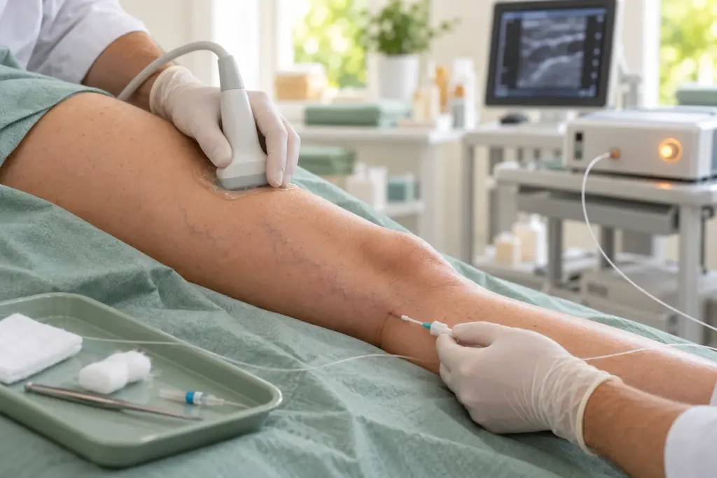 A physician guides a thin laser catheter into a leg vein using an ultrasound probe