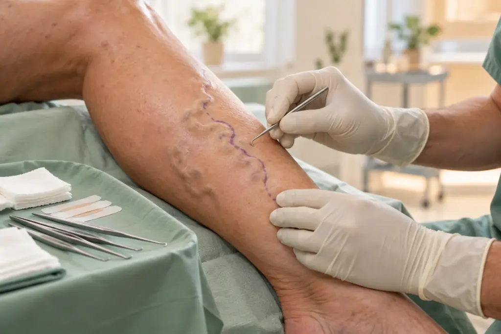 A clinician prepares to remove a marked bulging vein on the calf with a tiny hook instrument