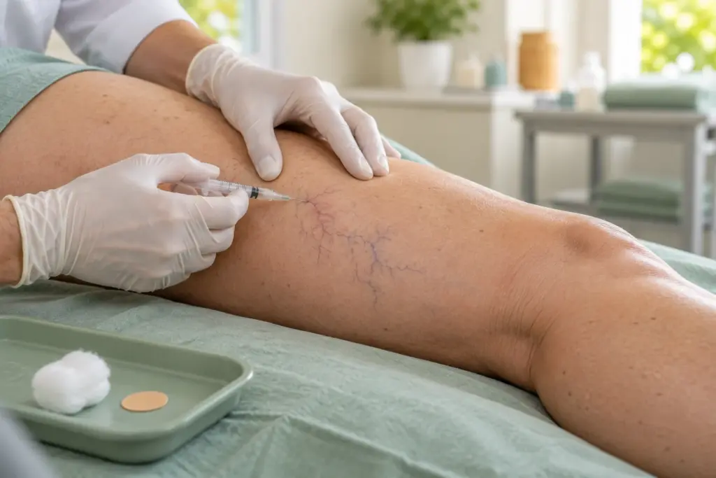 A clinician treats small spider veins above the knee with a very fine needle