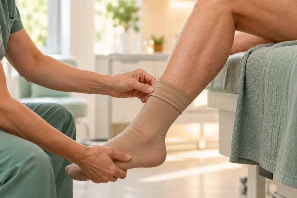 A clinician helps pull a graduated compression stocking over a foot and ankle