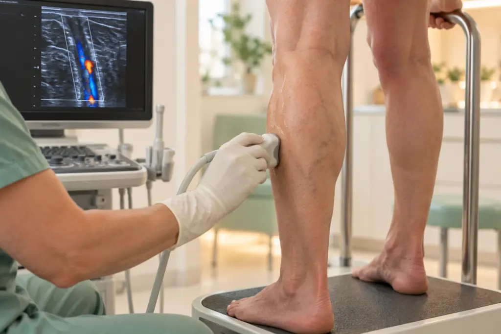 A sonographer scans the back of a standing person's calf with an ultrasound probe while the screen shows blood flow in the vein