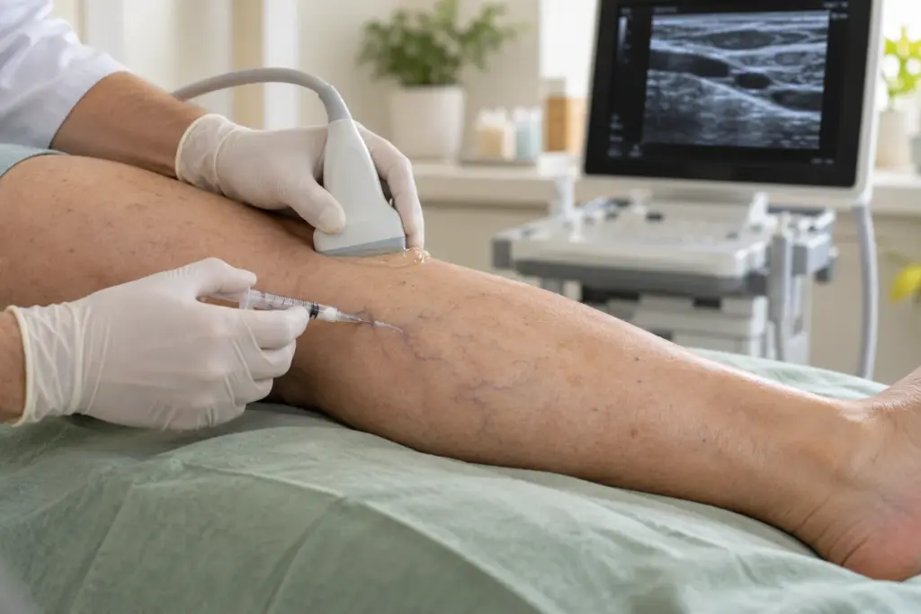 A clinician injects Varithena microfoam into a leg vein while guiding it with an ultrasound probe
