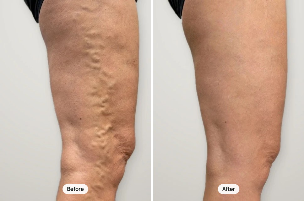 Before and after treatment: varicose veins on the outer thigh