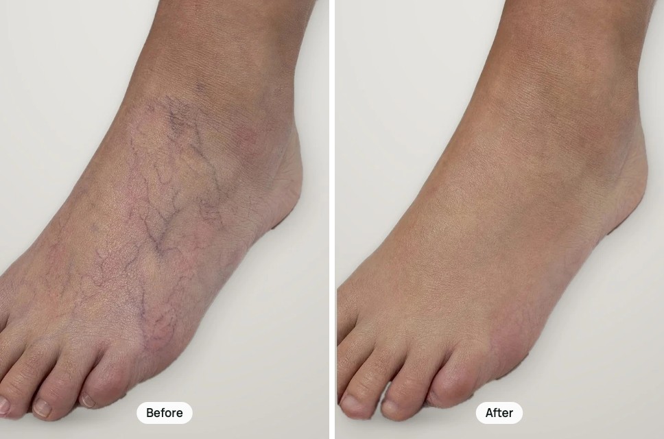 Before and after treatment: spider veins on the top of the foot