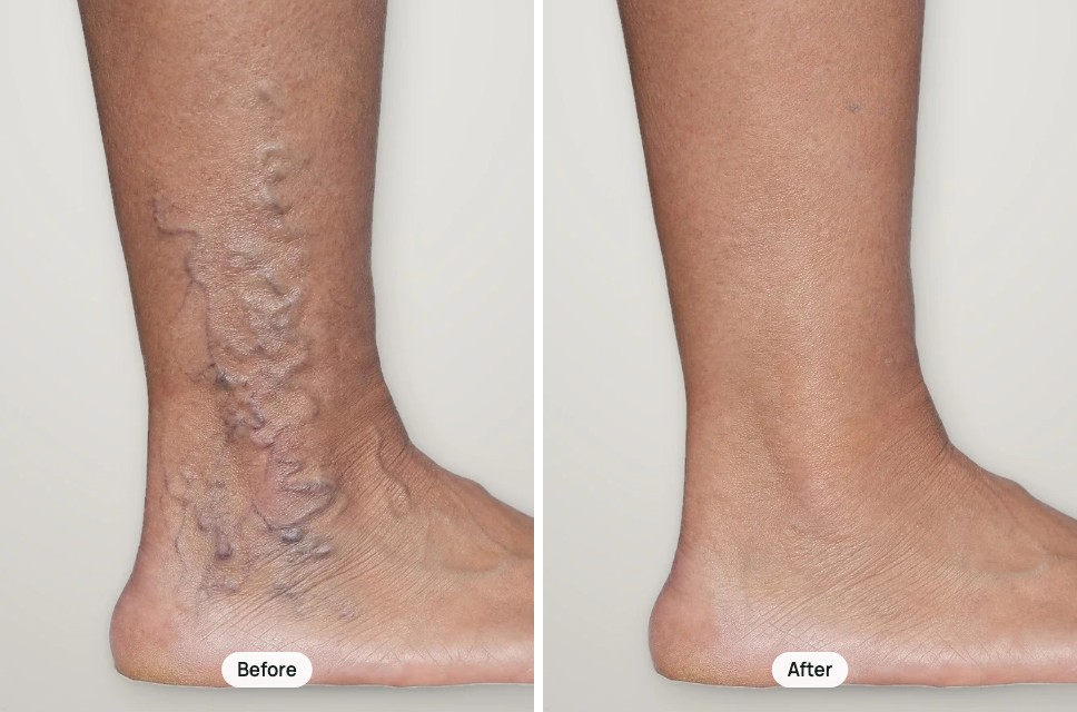 Before and after treatment: spider veins around the inner ankle