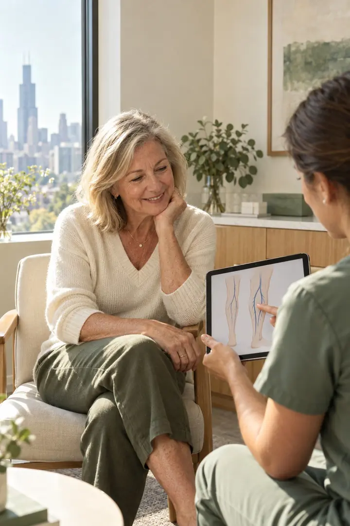 A woman and a clinician talking through results on a tablet