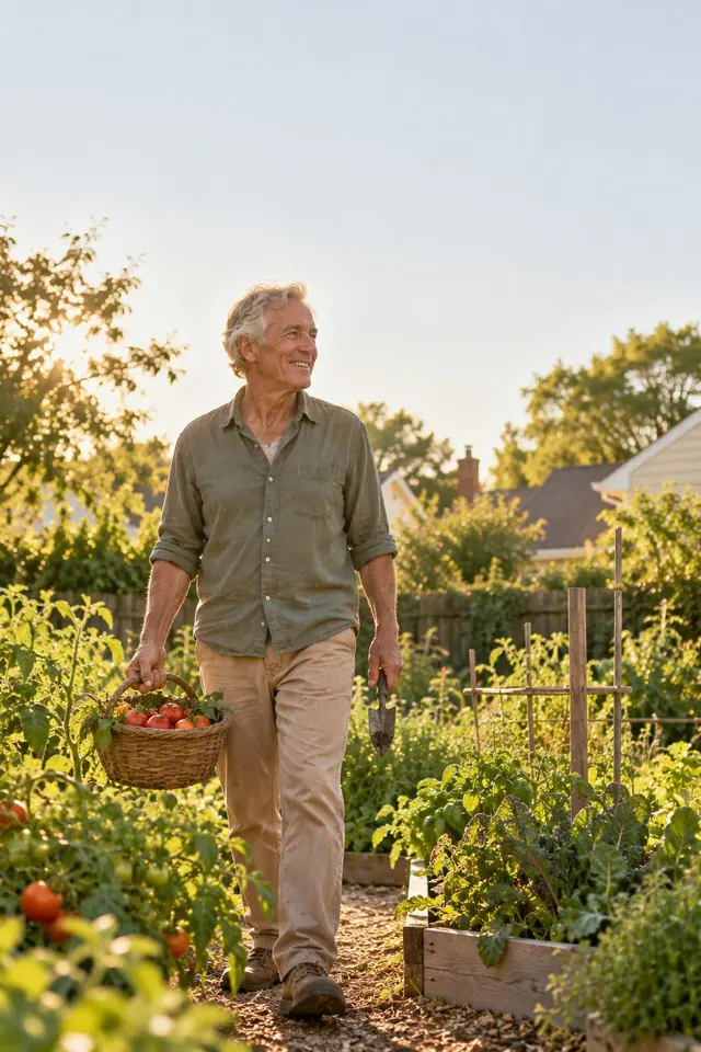 A man carrying a basket through his vegetable garden