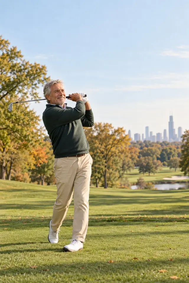 A man finishing a golf swing on a sunny course