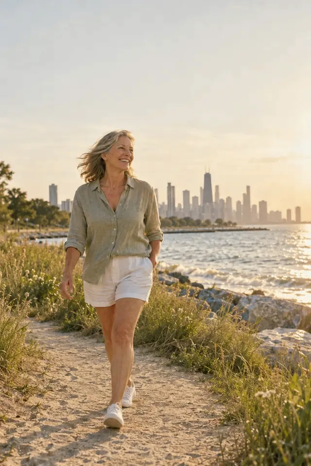 A woman walking along a lakefront path with the Chicago skyline behind her